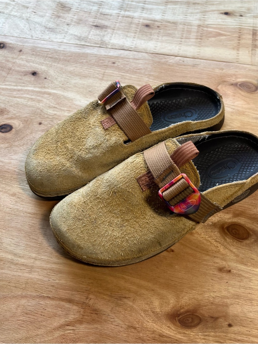Chaco Women's Suede Mule Clogs in Tan with Multicolor Buckles